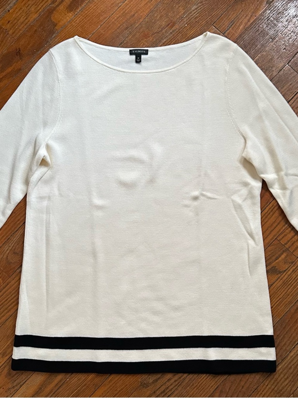Talbots Cream Boatneck Sweater with Black Striped Hem Detail